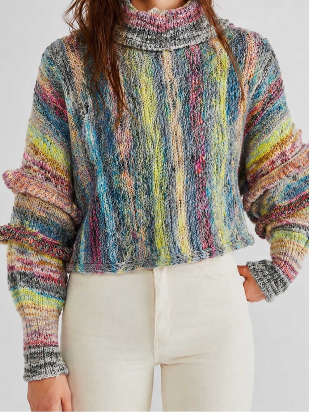 Free People Multi-Color Chunky Knit Cowl Neck Burst Your Bubble Sweater Size S